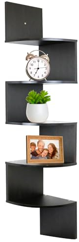 edihome, Estantería Esquina Pared, 5 Baldas,123 x 19,2cm, Madera Natural, Esquinera, Decoración, Estante Salón, Certificación Europea (Negro)