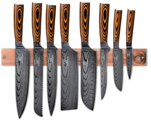 KÜCHENKOMPANE – Edelstahl Messerset Akarui mit magnetischer Messerleiste als Messerblock | 8-teilig Küchenmesser Set im Damast Design | Kochmesser mit ergonomischen Epoxid-Griff | Designed in Germany