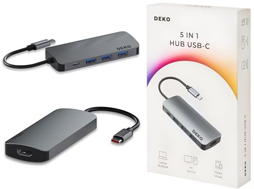 Deko LITE Hub USB C - Docking Station, Stazione di Attracco, Aggancio, Adattatore - 5 in 1 PD 100 W HDMI 4k 60Hz 3xUSB 3.1 5 Gbps per iPhone 15/15 Pro, MacBook Pro/Air, iPad Pro, Surface