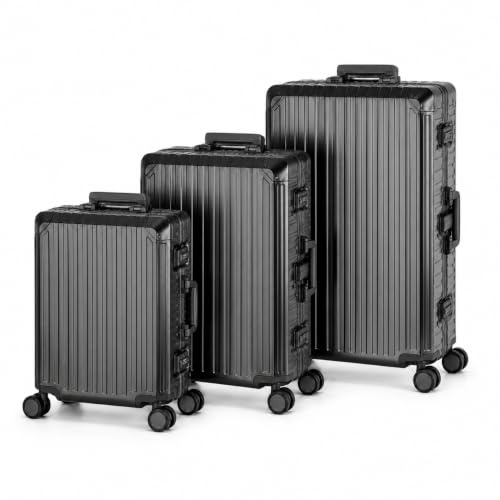 Travelhouse Tokyo Aluminium Reisekoffer 3 Set (Handgepäck 55cm, Mittlerer Koffer 65cm und Großer Koffer 72cm) 100% Aluminium Hartschale 2X TSA Schlösser 4 Silent Move Doppelrollen