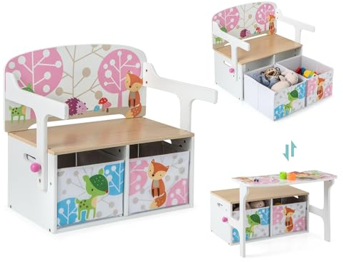 COSTWAY Kids Table and Chair Set, Convertible Toy Storage Bench with 2 Removable Fabric Bins, Multifunctional Organizer Chest for Children Room, Playroom, Kindergarten (White)
