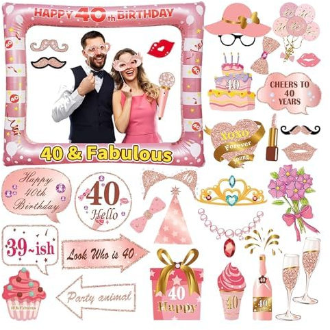 AIBAOBAO 40th Birthday Inflatable Selfie Frame Blow Up +33Pcs Party Prop, Pink and Rose Gold Birthday Party Decorations for Girls Party Decor Supplies Womens Gift, Funny Family Holiday Theme Party Kit