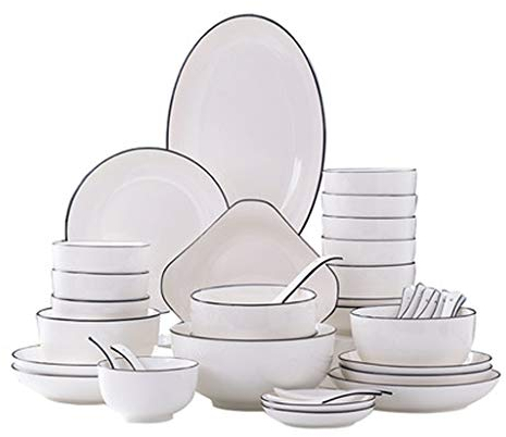 TRQZNLEP Speiseteller, 46-teilig, Porzellan-Geschirr-Set, Zuhause, Schüssel im japanischen Stil, einfach, für 8–10 Personen, Keramik, Koreanisches Geschenkset