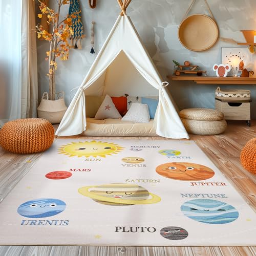 SIMPEX Kinderteppich Spieltepppich Für Kinderzimmer Mit Planeten Sonnensystem Babyzimmer Teppiche Spielteppich für Jungen und Mädchen Teppich Beige Waschbar und rutschfest 100 x 150 cm, Rechteckig