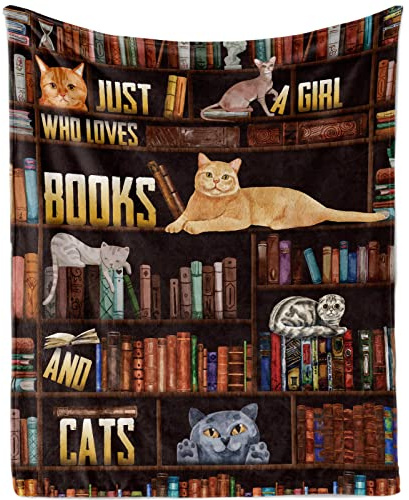TDTRADD Just A Girl Who Loves Books and Cats Blanket Throw, Cat and Book Lovers Gifts Blanket, Soft Cozy Plush Fleece Flannel Librarian Gifts Throw Blanket for Adults Women Girls Bed Sofa Couch