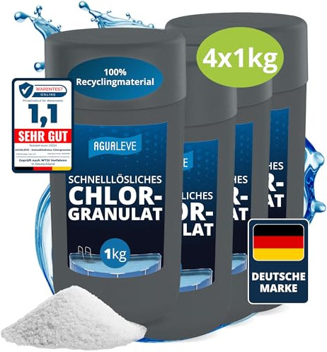AGUALEVE® Chlorgranulat schnelllöslich 4X 1kg *NEU* | Sichere und schnelle Desinfektion | Für Pools, Aufstellpools, Whirlpools, Planschbecken | Deutsche Markenqualität | mit Note 1,1 getestet