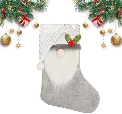 Nikolaussocken Deko Nikolausstiefel zum Befüllen, 44cm groß Weihnachtsstrumpf hängende 3D Nikolausstrumpf mit schwedischem 3D Plüsch Wichtel als Bonbontüte für Weihnachtsdeko (Grau A)