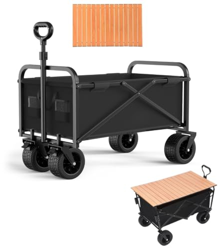Chariot de Plage Pliable avec Table Rabattable, Chariot de Jardin, Chariot de Transport à roulettes Tout Terrain Poignée Réglable Charrette pour Extérieur (Noir) (CHT)