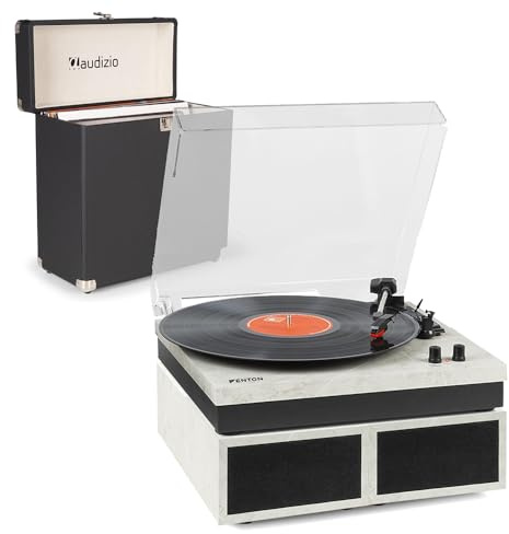 Fenton RP165M Modern Record Player with Bluetooth Speakers, Vinyl Case Holder for 30-35 Records, 3-Speed Settings, Built-in Speaker, 100W Stereo Amplifier, Marble Finish