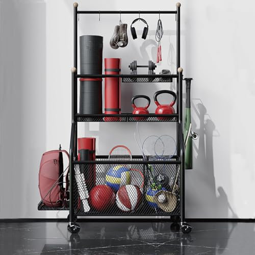 Heimgymnastik Aufbewahrungsständer, Yoga Matte Gewichtheben Rack mit abschließbaren Rädern und verstellbaren Haken, Hantel Gewichtheben Rack, Yoga Matte Lagerung, Heimübung, Fitnessgeräte (Black)