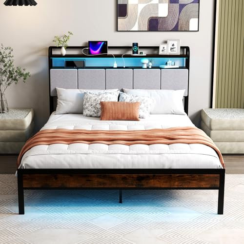 RELAX4LIFE Single/Double/King Size Bed Frame with RGB LED Lights, Charging Station & Storage Headboard, Upholstered Platform Bed Industrial Metal Slats Support Mattress Foundation (5FT King)
