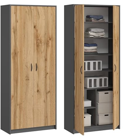 Mehrzweckschrank Aktenschrank mit 2 Türen und 8 Fächern Bücherregal Büroschrank Haushaltsschrank 180x74x35cm (Grafit/Eiche Wotan)