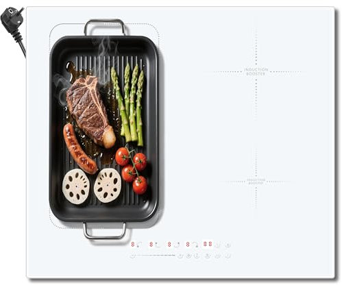 Cooksir Placa Inducción 4 Fuegos Blanco 60cm con enchufe, Kochfed Autark, 3500W, Control táctil deslizante, Pausa, Temporizador de 99 minutos, Función Boost, 230V