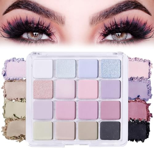 16 Colours Eye Shadow Pallets for Women, Long Lasting Waterproof Pink Purple Eyeshadow, Blendable Shimmer Matte Eye Shadow Pallets, Cold Blue Pink Nude Silver Eyeshadow Palette