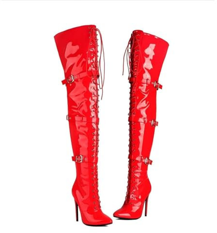 Veelau Meieer Damen Spitze Stiefel Stiletto Schnürstiefel Motorrad Overknees Boots mit Riemen Schnallen Reißverschluss Lack Rot 43 EU