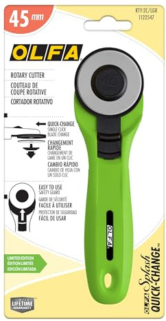 OLFA 45mm Quick-Change Rotary Cutter (RTY-2C/LGR) - Tungsten Steel, Lime | 45mm tungsten steel rotary blade, quick-change cover - Fabric cutting for quilting - Quilters and Crafters