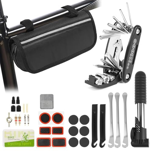 OTUAYAUTO Fahrrad Reparaturset 16-in-1-Multifunktionswerkzeug Zubehör | Wasserdichtem Deckel Mini-Pumpe 12 Reifenflicken,für Mountainbike Rennrad Travel