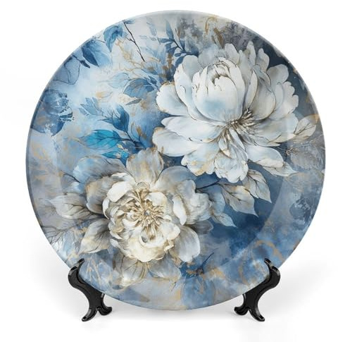 Piatto decorativo in ceramica, piatto decorativo in porcellana cinese, piatto personalizzato con fiori blu e bianchi, collezione di piatti in ceramica con espositore, piatti da esposizione per l'arr