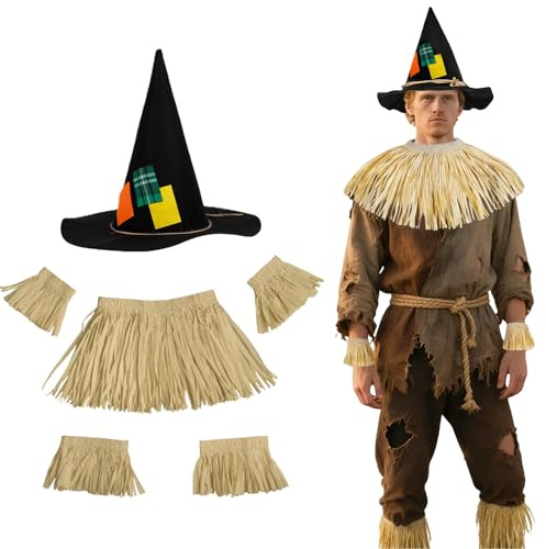 MUNSKT 6 accesorios para disfraz de espantapájaros: 1 sombrero de espantapájaros + 1 pieza de paja para el cuello + 2 puños de muñeca + 2 puños de tobillo, velcro ajustable, para cosplay de adultos