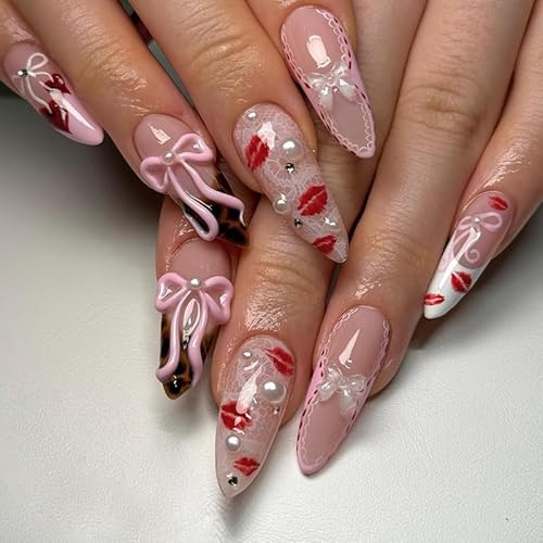 24pcs Long Almond False Nails Press on, French Tip, 3D Bow, Red Heart Lip | Stick on Nails, French Tip, Leopard Print, Removable, Glue-on Fake Nail Art Accessories for Women