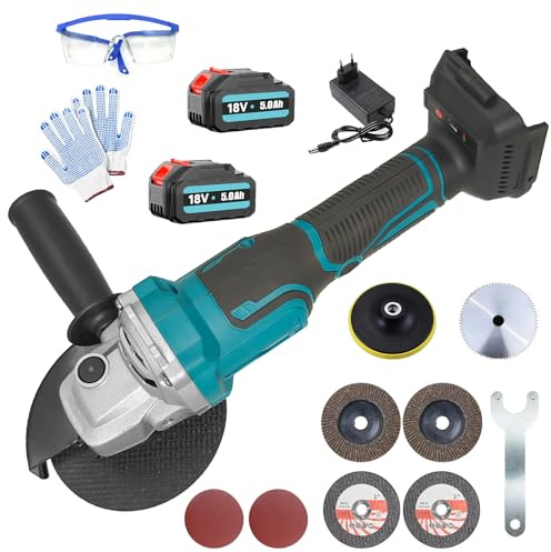 Meuleuse d'angle sans fil 125 mm avec 2 batteries 5,5 Ah et chargeur, outil de coupe flexible sans balais 10 000 tr/min, kit de 14 accessoires, contrôle à 3 vitesses, pour couper le métal/bois, meuler