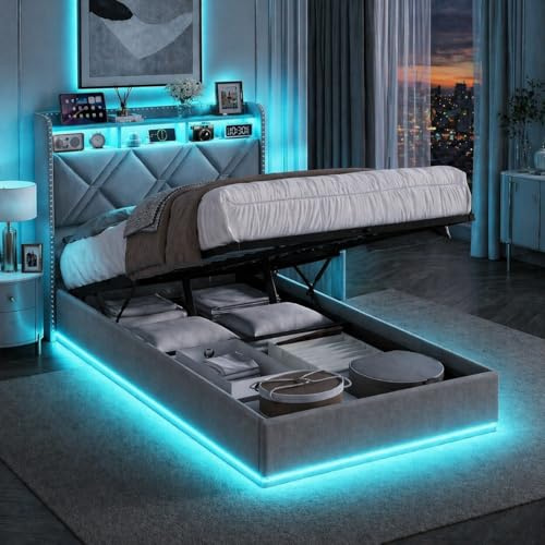 Polsterbett Jugendbett 90x200 mit Hydraulischer Stauraum, LED Einzelbett 90x200 mit Staufach-Kopfteil und USB-Anschlüssen, Funktionsbett Stauraumbett Bettgestell mit Lattenrost,Leinen