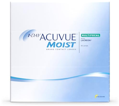 ACUVUE MOIST 1-DAY Multifocal Tageskontaktlinsen spenden Feuchtigkeit – Tageskontaktlinsen mit 0 dpt und BC 8.4 – UV Schutz & Komfortables Tragegefühl – 90 Linsen