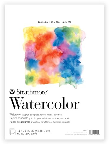 Strathmore 200 Series Watercolor Paper, Tape Bound Pad, 11x15 inches, 15 Sheets (90lb/190g) - Artist Paper for Adults and Students - Watercolors, Mixed Media, Markers and Art Journaling