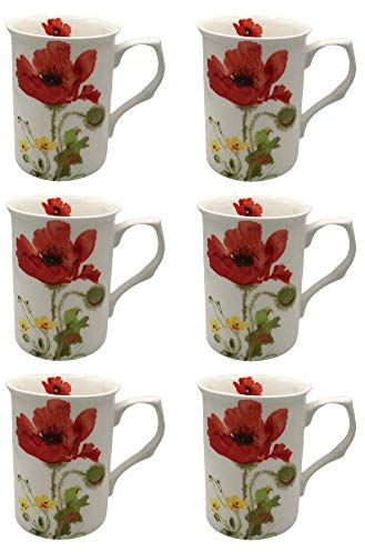 Kirsty Jayne China- 10Fl oz Bone China Wild Poppy Beakers, Mugs- Gift Boxed (Set of 6)
