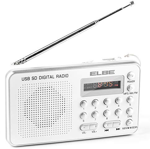 ELBE RF-49-USB Radio con Lector de Tarjetas, Radio Digital FM, Lector mp3, USB, TF, mmc, SD, Altavoz Incorporado, aux-in, batería Recargable, USB Incluido, Color Silver
