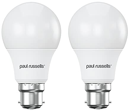 paul russells LED GLS Light Bayonet Cap BC, 60w Equivalent, 8watt 806LM LED Bulbs, 6500K Daylight Lamp, Classic Frosted A60 Standard B22 Energy Saving Non-Dimmable Large Globe Lightbulbs, 2 Pack