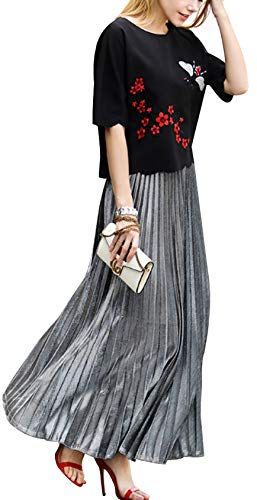 Letuwj Damen Metallic Elegant Plissee Röcke Silber XL