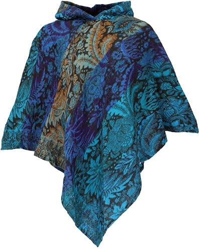 GURU SHOP Poncho mit Kapuze, Goa Hippie, Boho Poncho - Türkis/mustard, Damen, Synthetisch
