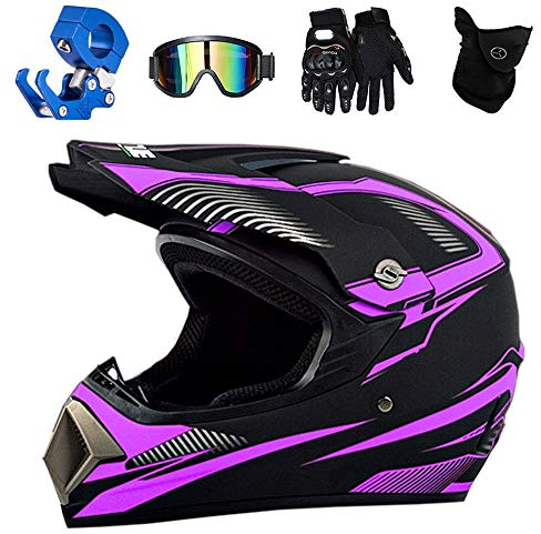 YASE Motocross Helm Damen Schwarz Lila, Motorrad Crosshelm Full Face Downhill Helm Zubehör mit Brille Maske Handschuhe Helmhaken All Terrain Schutzhelm für Moto-Cross ATV MTB Enduro Mountainbike,S