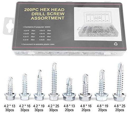 Viti autoperforanti testa rondella esagonale 200 pezzi, set di kit assortimento di viti autofilettanti in metallo durevoli, kit assortimento hardware di bulloni in metallo autofilettante