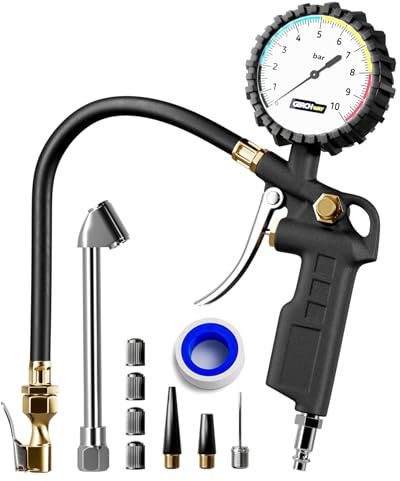 GERCHWAY Reifenfüller mit Manometer 10 Bar, Druckluftpistole für Kompressor | Druckluft Reifendruckprüfer, ±2 % vom Endwert, Euro-Stecknippel, 360°-Kopf, 40-cm-Schlauch, Leuchtskala, Entlüftung