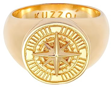 Kuzzoi Siegelring Herrenring rund, massiv 15 mm breit in 925 Sterling Silber vergoldet, Ring golden mit Kompass Symbol, Maritimer Ring für Männer in der Ringgröße 60, 0605512820_60