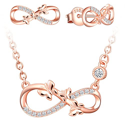 Yumilok collier femme fille, boucles d'oreilles femme, ensemble de bijoux, collier pendentif et clous d'oreilles symbole d'infini papillon, collier et boucle d'oreille en argent 925, zircon incrusté