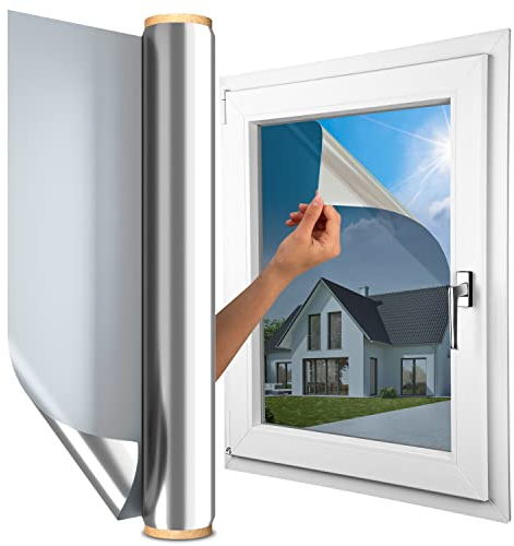 MARAPON ® Fensterfolie selbstklebend inkl. eBook mit Profitipps - Sichtschutzfolie Fenster mit Anti-UV - Milchglasfolie - Milchfolie (Spiegelfolie Silber, 1.05 x 2 m)