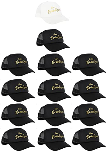 PICSonPAPER Mesh Cap Weiss mit Aufdruck Der Bräutigam und 13 Schwarze mit goldenem Aufdruck Team Bräutigam, JGA Accessoires Männer, Accessoires für Junggesellenabschied