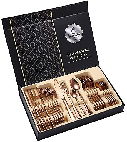 Set di posate, in acciaio inox con placcatura in oro titanio, set di posate color oro, set di posate (Oro rosa, 24)
