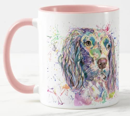 Vixar Spaniel Springer Dog Pet Watercolour Rainbow Art Coloured Mug Cup Gift Birthday Work Office Christmas Tea Coffee (Pink)