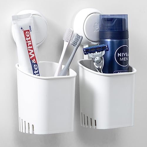 LEVERLOC Toothbrush Holder Wall Mounted 2 Pack, MAX Hold 5 KG, Shower Razor Organizer, Suction Cup Toothbrush Holder for Bathroom, No Drilling, Removable Toothpaste Organizer, White In Plastic