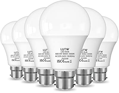 LUTW B22 Led Light Bulbs Bayonet, 60W Equivalent, Warm White 3000K, 9W 900lm LED Bulbs, BC GLS Energy Saving Light Bulbs, Non-dimmable, Pack of 6