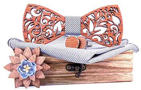 RQPYQF Noeud Papillon Bois, Ensemble de 4 Pièces Noeud Papillon en Bois et Boutons de Manchette et Broche en Bois et Carré de Poche, Fait Main, Accessoire Mode (Style#25)