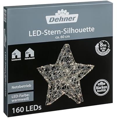 Dehner LED-Stern Silhouette, mit 160 LEDs/Timer, warmweiß, für Indoor/Outdoor, Schutzklasse II / IP44, 60 x 60 x 6.5 cm, Metall, Silber