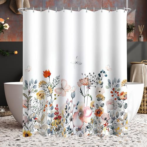 Lerores Rideau de douche 180 x 200 cm - Motif fleurs - Ourlet lesté - Tissu anti-moisissure - Imperméable - Lavable - En polyester - Avec œillets et 12 anneaux de rideau de douche - Pour salle de