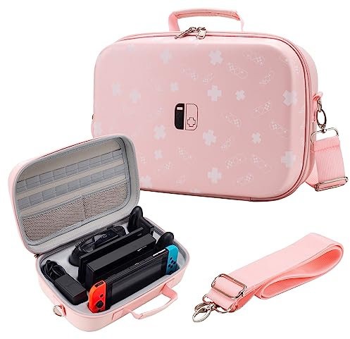Flyekist Custodia per Nintendo Switch/Switch OLED, borsa a tracolla da viaggio portatile con fodera morbida, 18 set per controller Pro e accessori Switch, Rosa, Salvaspazio