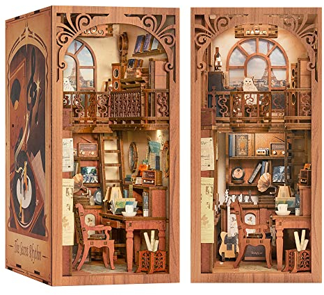 Fsolis DIY Book Nook Puppenhaus Miniatur Haus Kit mit Holz Möbeln und LED-Licht,Book Nook Bücherecke Bücherregaleinsatz Kits,Modellbausätze für Erwachsene zum Baue