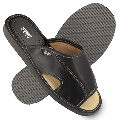 filsko® Bleik - Slippers Herren - halb offen - EVA Sohle - Naturleder - rutschfest - atmungsaktiv - schwarz - 47 EU